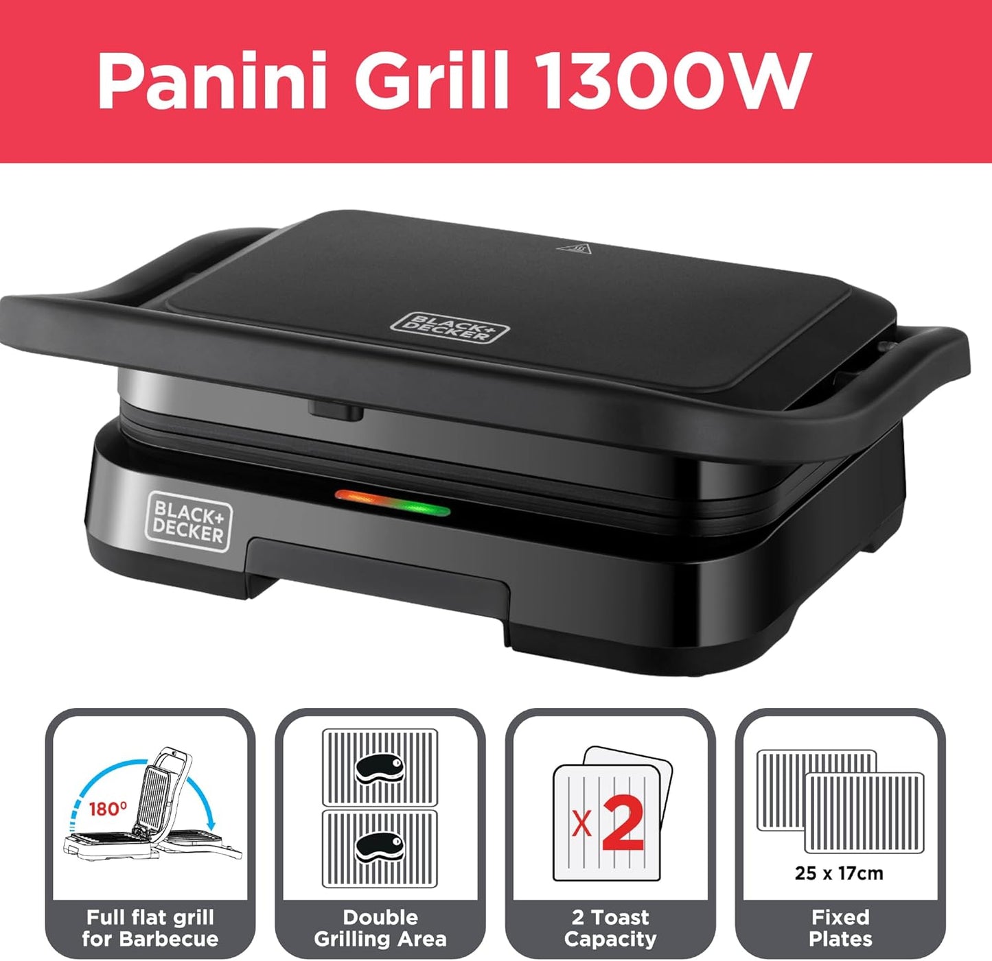 BLACK+DECKER Electric Panini Grill Sandwich Maker PCG1300-B5