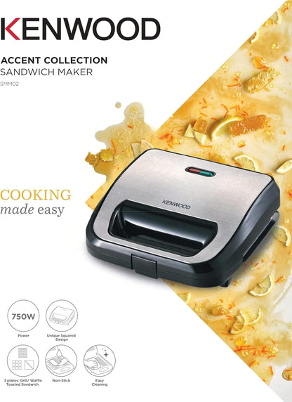 Kenwood SMM02.000SI 3-in-1 Sandwich Maker, Grill & Waffle Maker