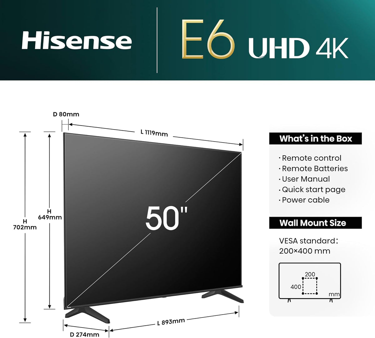 Hisense 50 Inch E6N 4K UHD Smart TV Dolby Vision Smooth Motion Game Mode Plus VIDAA OS 50E6N