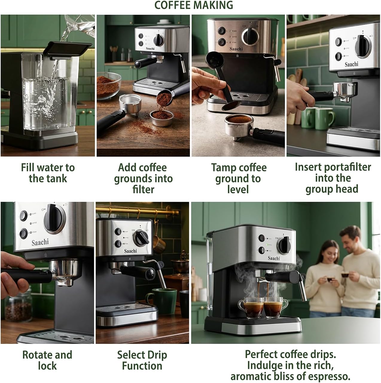 Saachi Coffee Maker NL-COF-7068-BK With 20 Bar High Pressure Pump