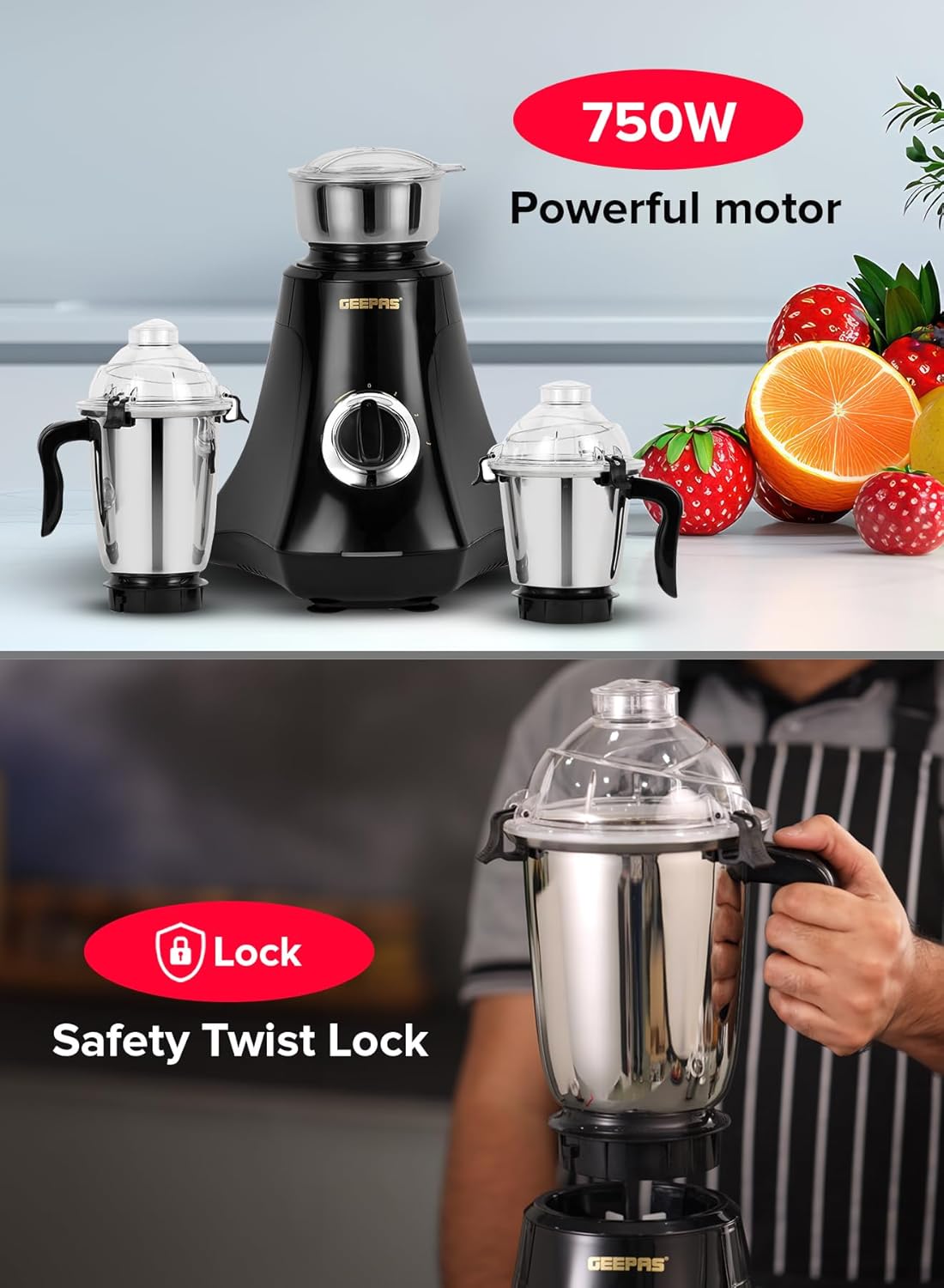 Geepas GSB44067 3-in-1 Mixer Grinder 750W - Stainless Steel Jars, 3 Speed
