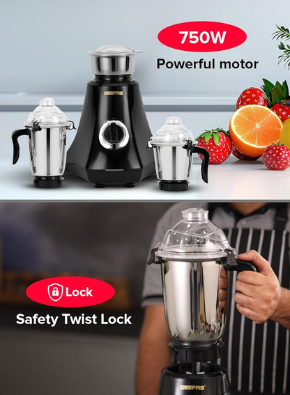 Geepas GSB44067 3-in-1 Mixer Grinder 750W - Stainless Steel Jars, 3 Speed