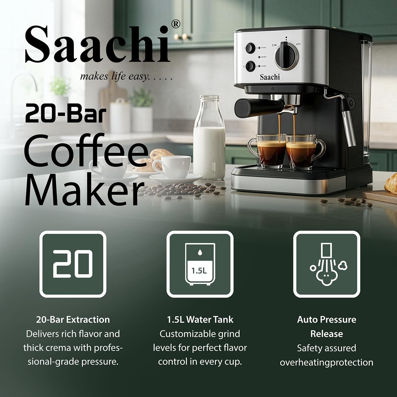 Saachi Coffee Maker NL-COF-7068-BK With 20 Bar High Pressure Pump
