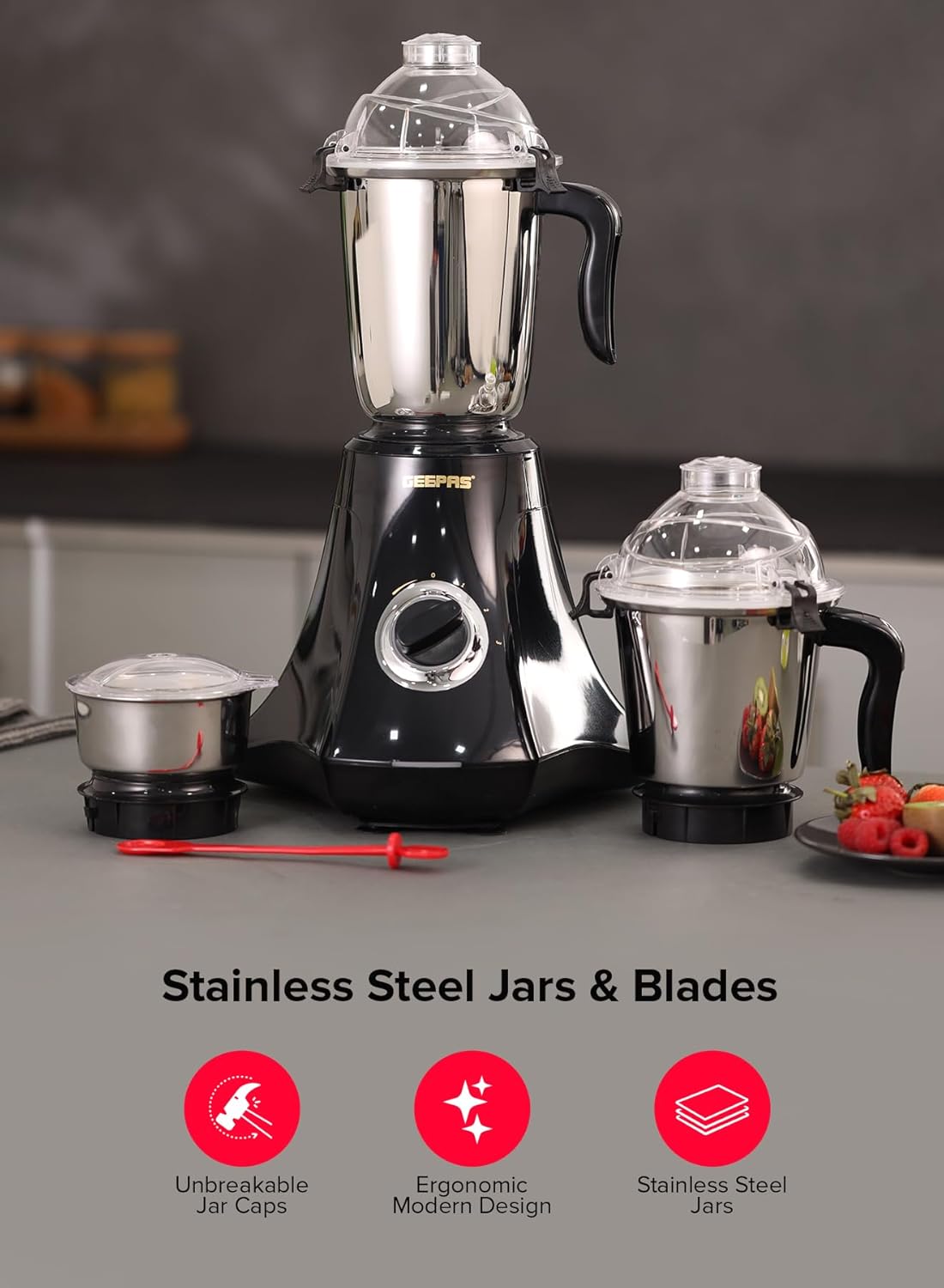 Geepas GSB44067 3-in-1 Mixer Grinder 750W - Stainless Steel Jars, 3 Speed