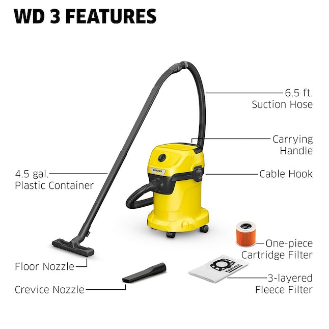 Karcher WD 3 vacuum with hose and floor nozzle attachment