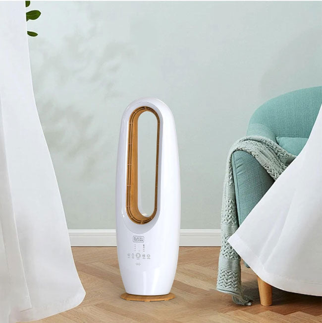BLACK DECKER 2 in 1 Bladeless Fan, 85cm, 70W Tropical Motor, Cool-White LED Lamp, Remote Control, 60° Wide Oscillation, Low Noise, Wooden Trim FBL85-B5