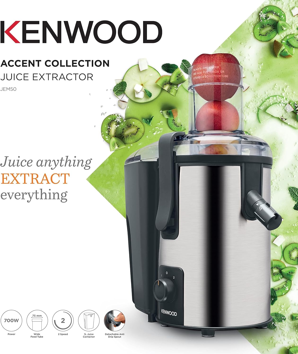 Kenwood JEM50 Stainless Steel Juice Extractor, 700W, 2 Speeds