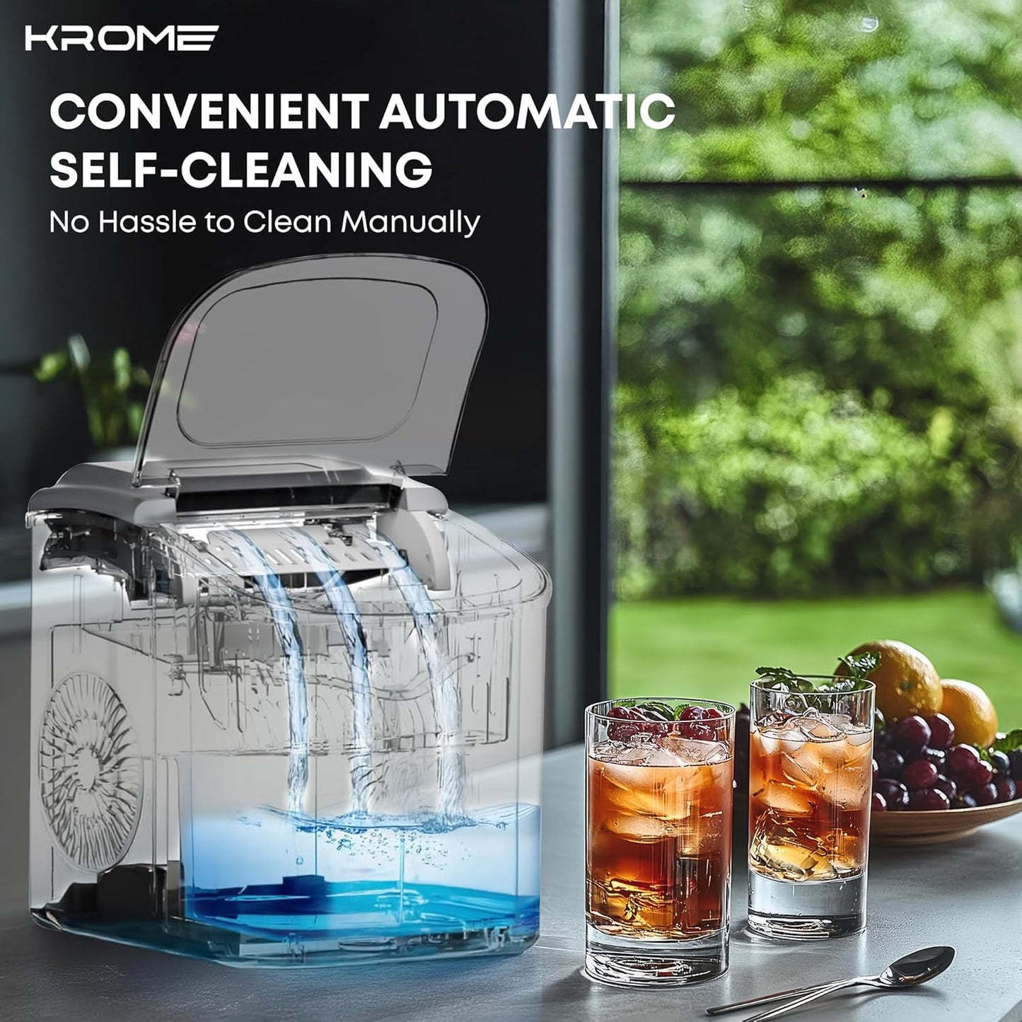 Krome Countertop Ice Maker - 12kg/24h Bullet Ice with Auto Clean