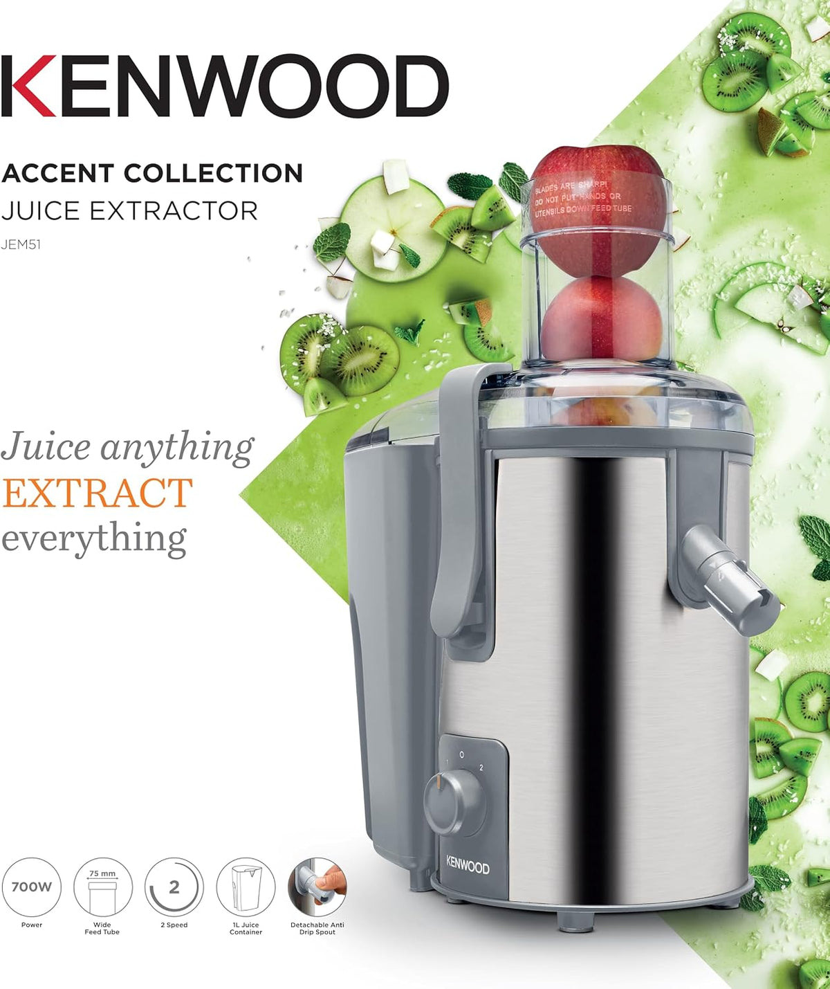 KENWOOD Juicer 700W Stainless Steel Juice Extractor with 75mm Wide Feed Tube JEM51.000GS