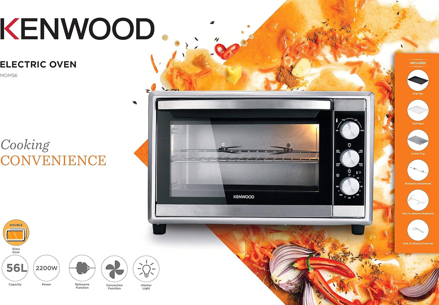 Kenwood 56L Toaster Oven Toaster Grill Large Capacity Double Glass  MOM56
