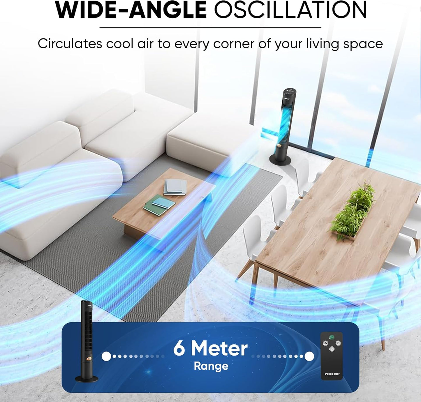 Nikai NTOF4001RL 40" Tower Fan, LED Touch Panel, 80° Oscillation, Remote Control