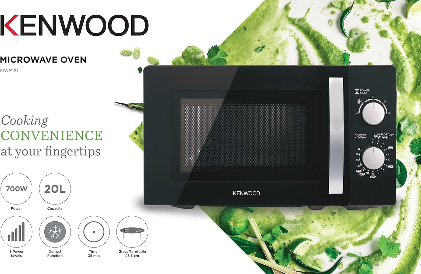 KENWOOD 20L Microwave Oven 5 Power Levels Defrost MWM20.000BK