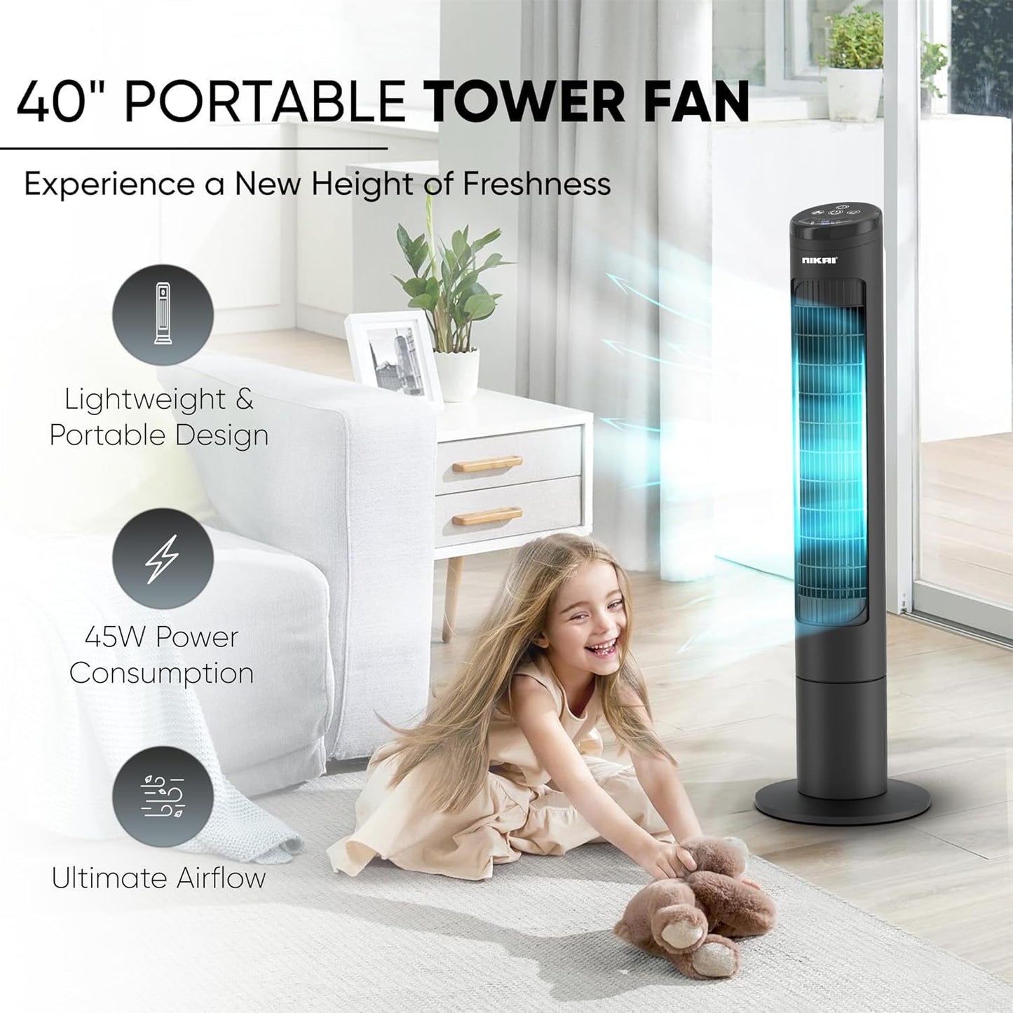 Nikai NTOF4001RL 40" Tower Fan, LED Touch Panel, 80° Oscillation, Remote Control