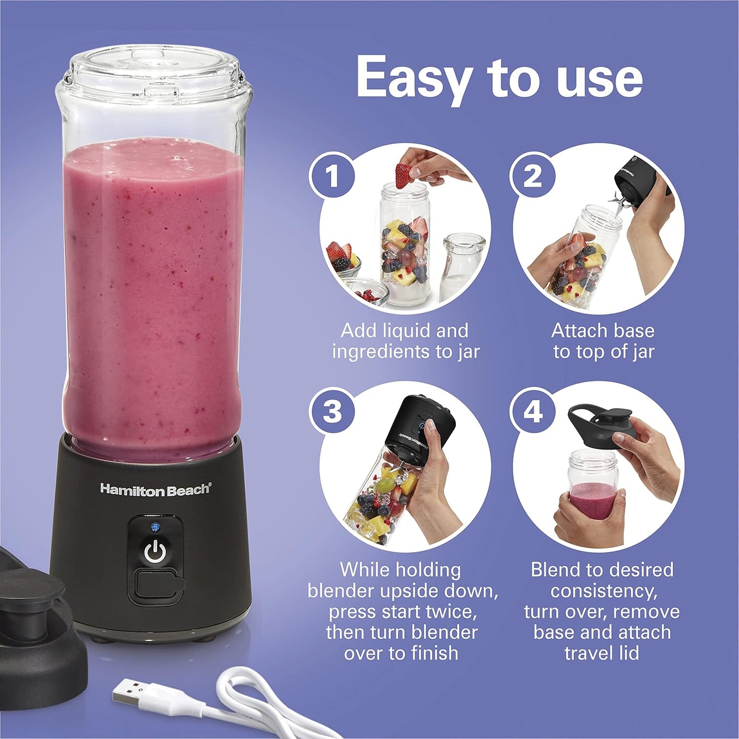 Hamilton Beach Mini Cordless Portable Blender USB Rechargeable 16 oz BLP41