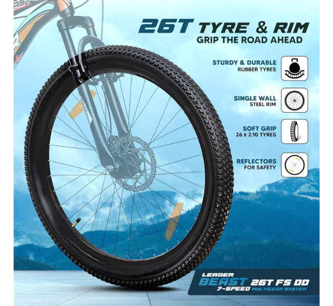 Leader Beast 7 Speed Mountain Bike with Front Suspension & Dual Disc Brake 26T
