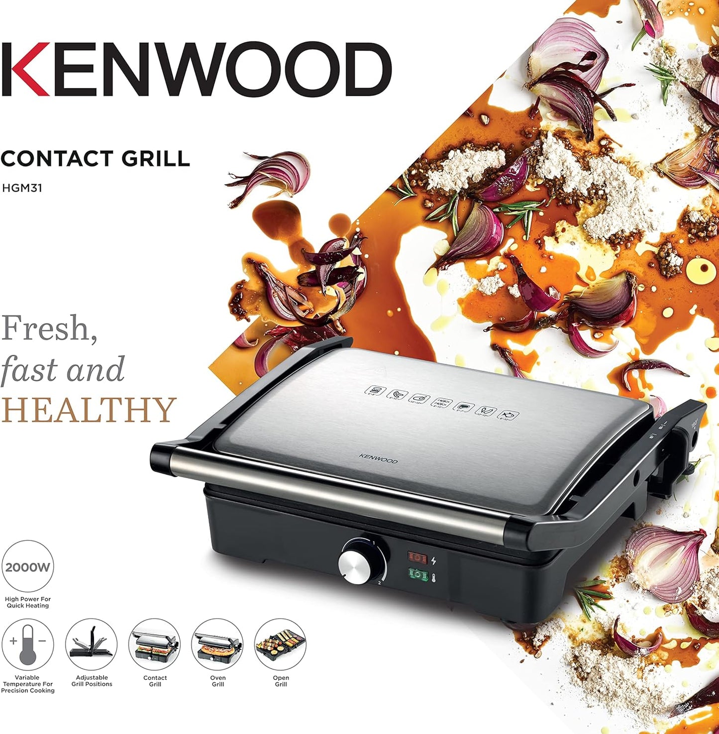 KENWOOD Grill 2000W Contact Health Grill Panini Press HGM31