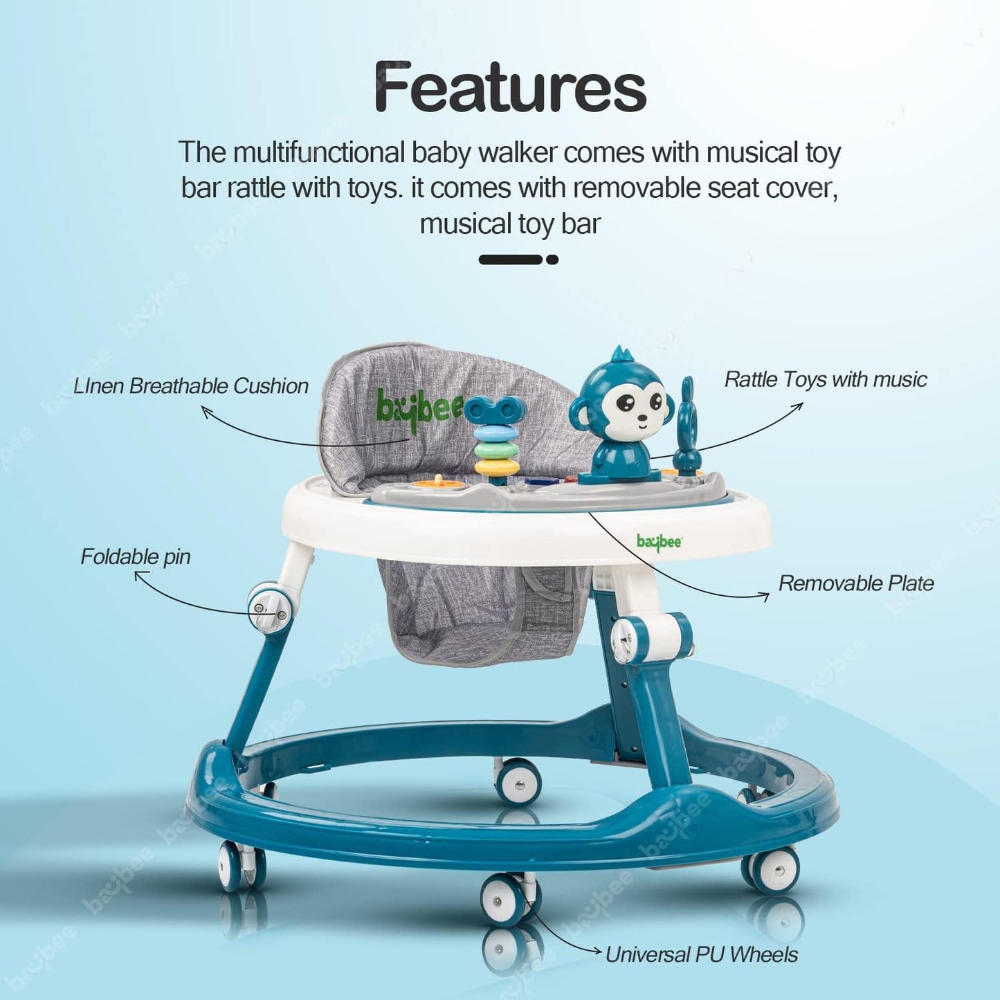 Baybee Drono Baby Walker, 4 Seat Height Adjustable Round Kids Walker with Food Tray & Musical Bar