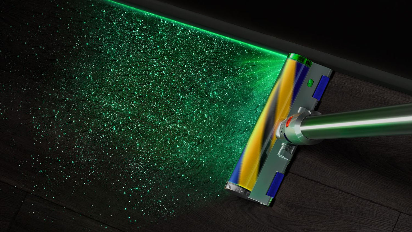 Dyson V15 Detect Absolute laser revealing dust on hard floor