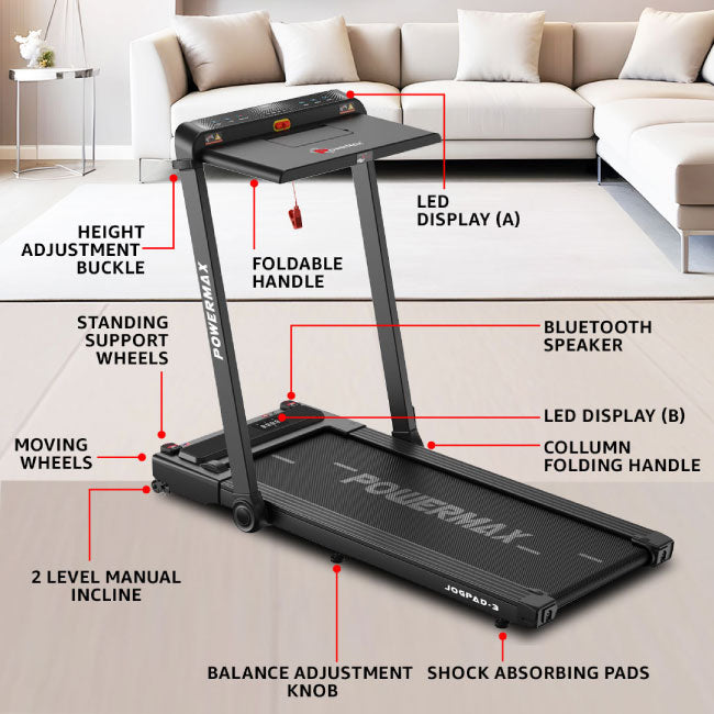 PowerMax Dual LED Display Treadmill with Office Desk and Wristband Remote JogPad-3
