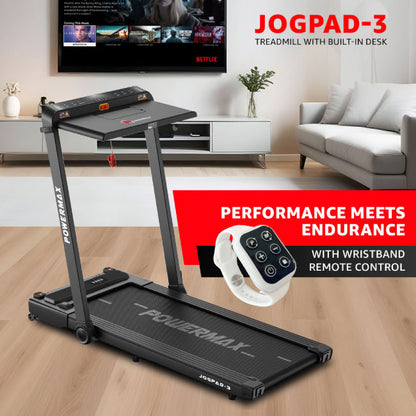 PowerMax Dual LED Display Treadmill with Office Desk and Wristband Remote JogPad-3