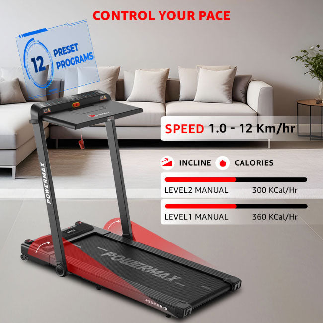 PowerMax Dual LED Display Treadmill with Office Desk and Wristband Remote JogPad-3