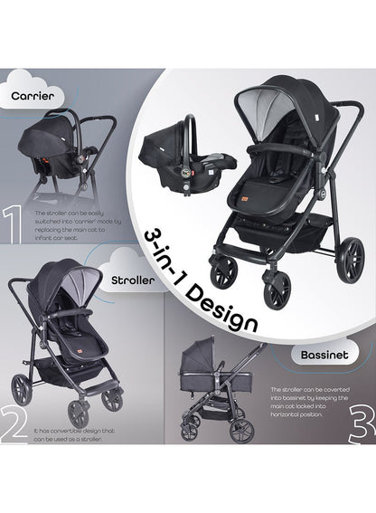 Tres Baby Stroller 3-in-1, Convertible Infant Stroller, Up to 22kg Capacity