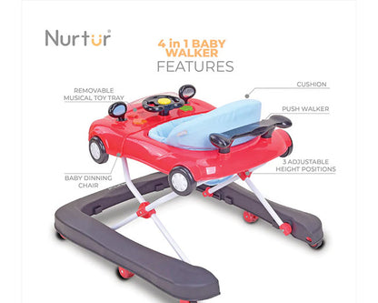 Nurtur 4 In 1 Baby Walker Multifunction Music, Adjustable 5 Height Position, Foldable Car Mould for Kids