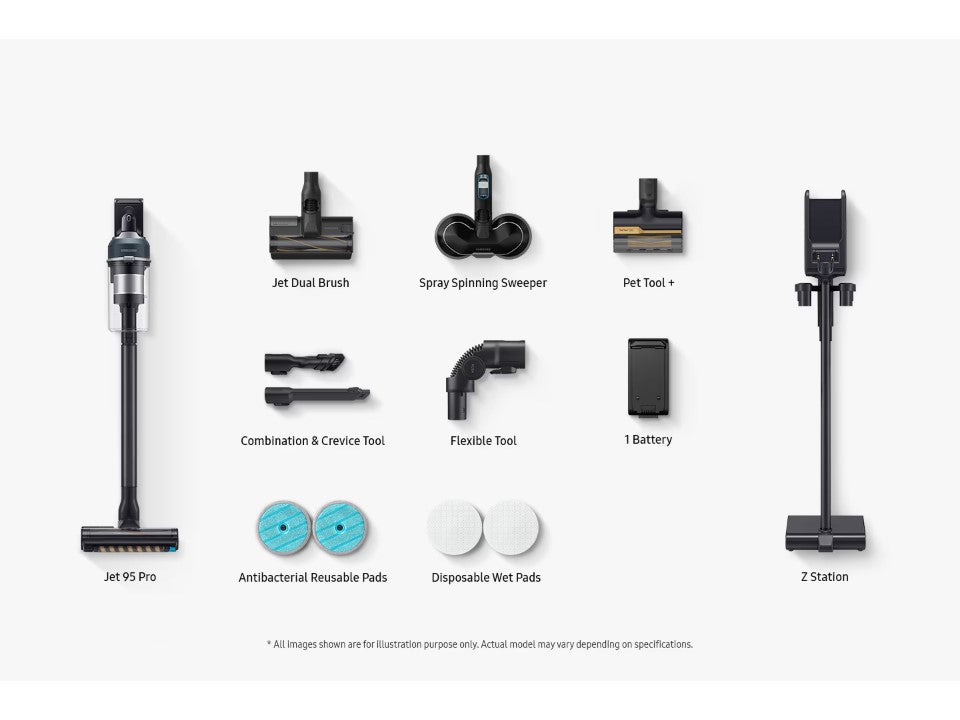 Samsung Jet 95 Pro 210W Cordless Stick Vacuum Cleaner with Pet Tool+ &amp; spray spinning sweeper