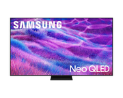 Samsung Neo QLED TV with a thin black bezel and stand, displaying a vibrant purple and blue abstract landscape on the screen.
