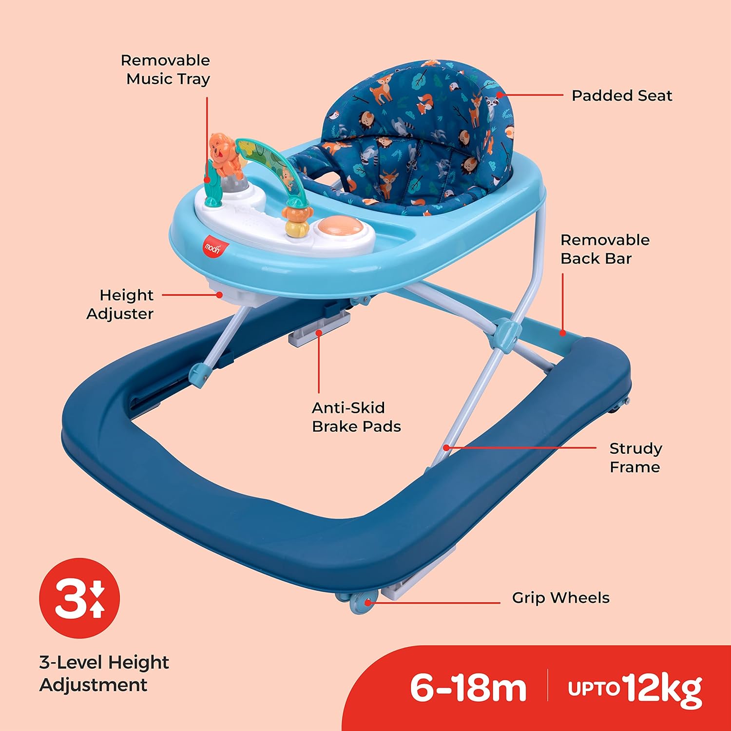 The Moon Stride Baby Walker with Music-Food Tray, Height Adjustable Child Walker 6-18 Months