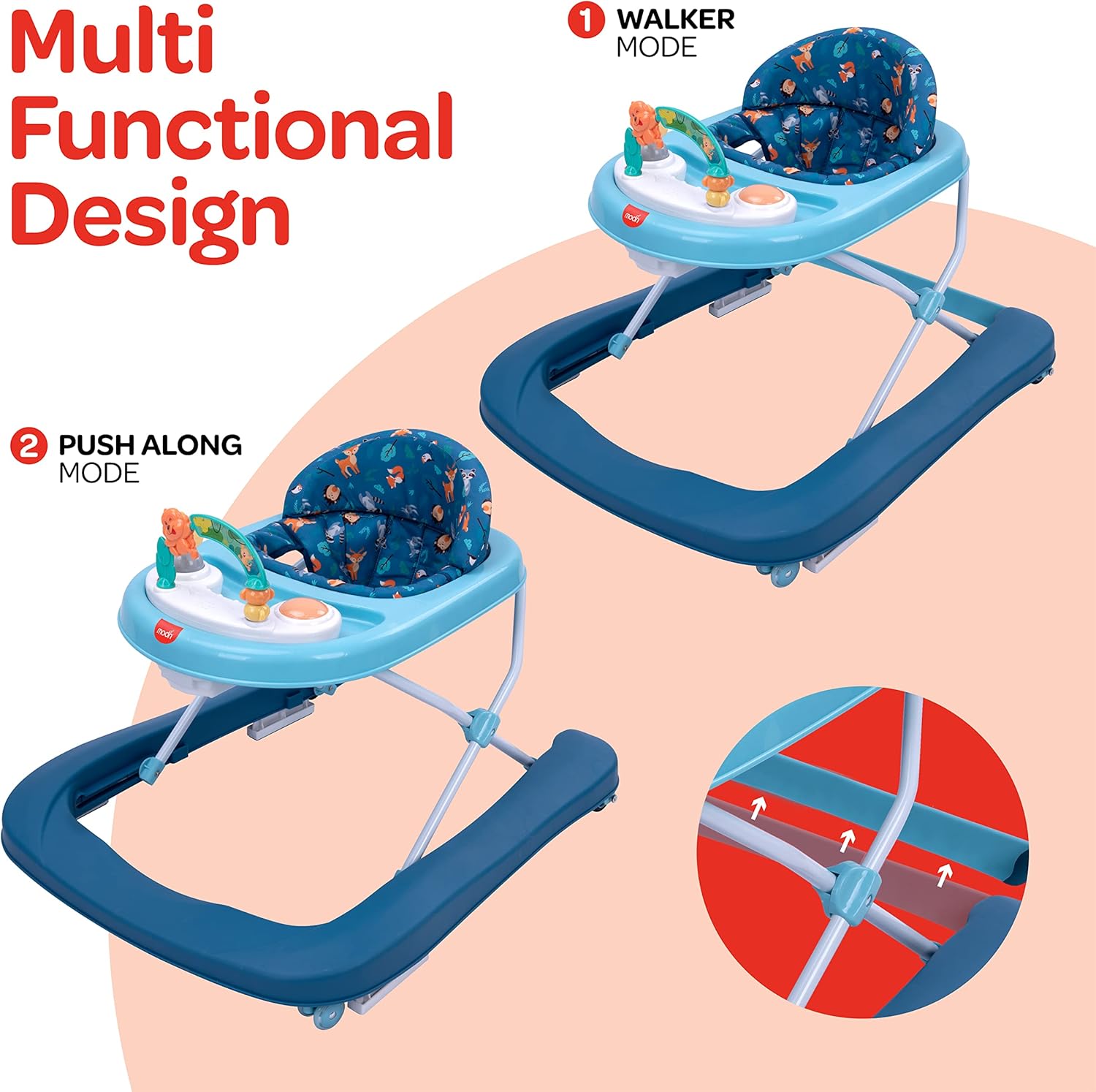 The Moon Stride Baby Walker with Music-Food Tray, Height Adjustable Child Walker 6-18 Months