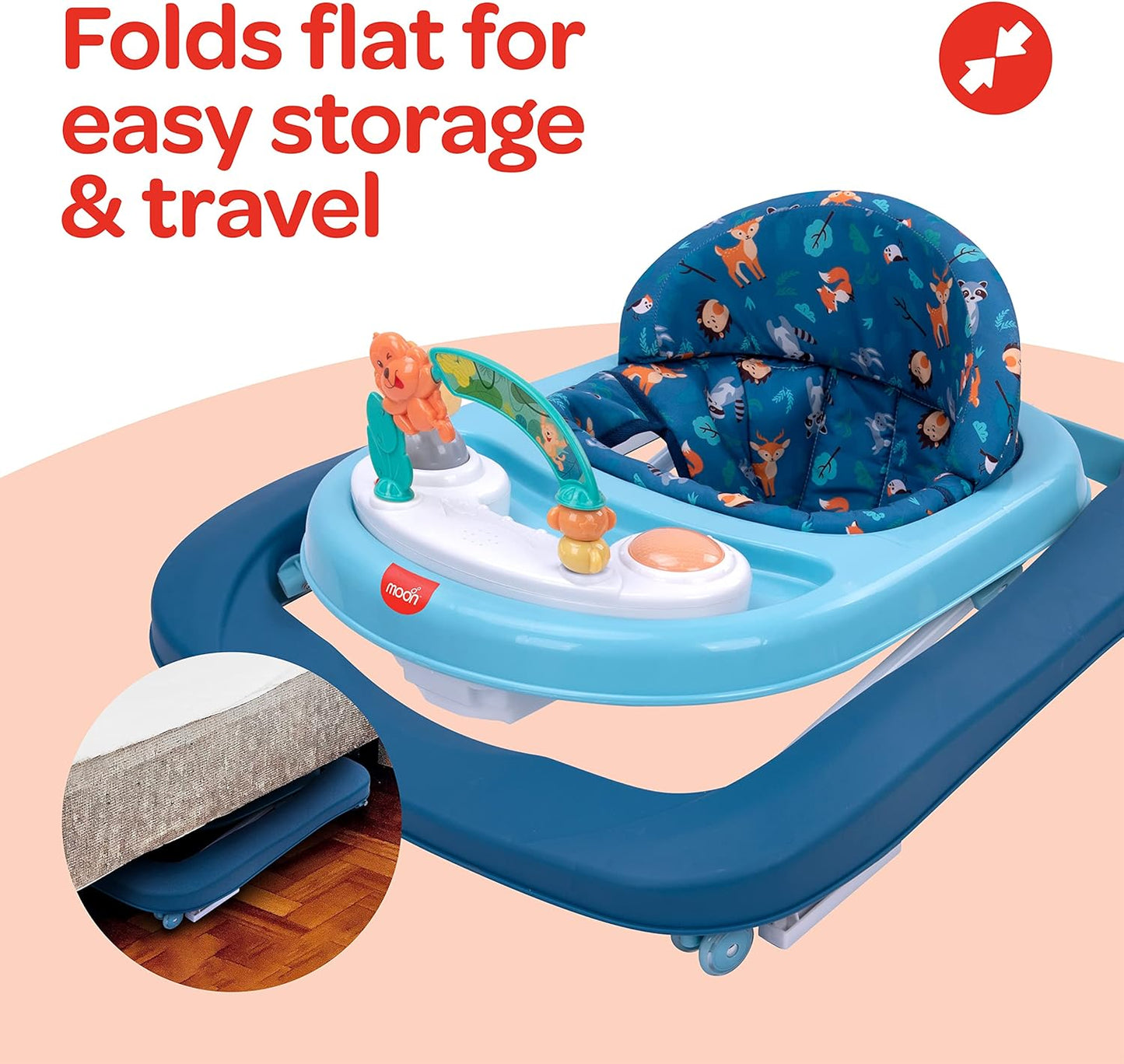 The Moon Stride Baby Walker with Music-Food Tray, Height Adjustable Child Walker 6-18 Months
