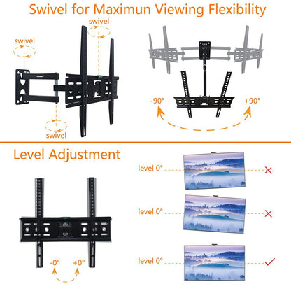 TV wall mount with swivel and level adjustment features on a white background
