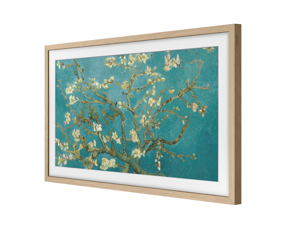 Samsung Modern Teak bezel on 32-inch The Frame TV, angled view; TV not included